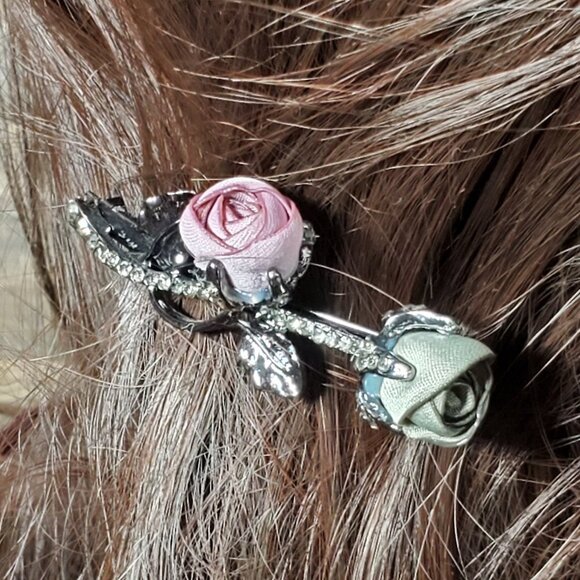 Mauve & Sage Green - Petite Silk Roses Hair Barrette - Hair Clip - Picture 1 of 7